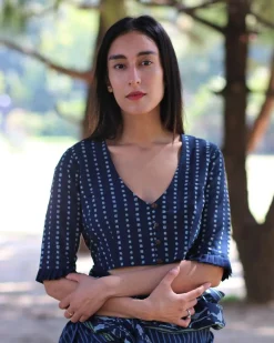 Blue Blockprinted Crop Top Cotton Blouse