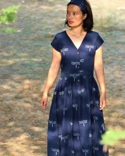 Blue Blockprinted Dragonfly Cotton Dress-Moh