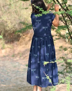 Blue Blockprinted Dragonfly Cotton Dress-Moh
