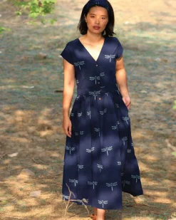 Blue Blockprinted Dragonfly Cotton Dress-Moh