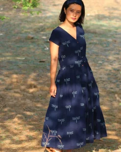 Blue Blockprinted Dragonfly Cotton Dress-Moh
