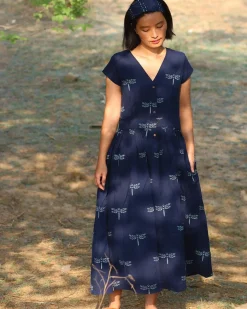 Blue Blockprinted Dragonfly Cotton Dress-Moh