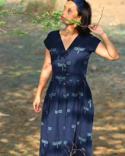 Blue Blockprinted Dragonfly Cotton Dress-Moh
