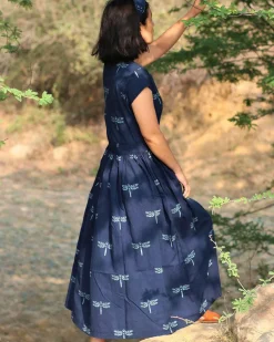 Blue Blockprinted Dragonfly Cotton Dress-Moh