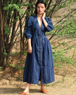 Blue Blockprinted Jal Cotton Dress-Moh