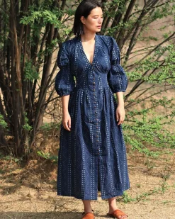 Blue Blockprinted Jal Cotton Dress-Moh