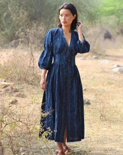 Blue Blockprinted Jal Cotton Dress-Moh