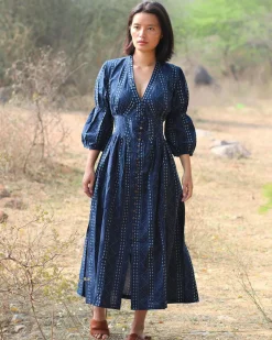 Blue Blockprinted Jal Cotton Dress-Moh