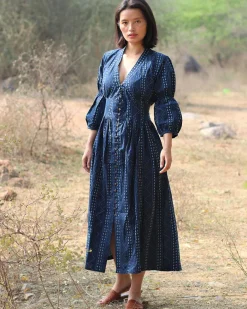 Blue Blockprinted Jal Cotton Dress-Moh
