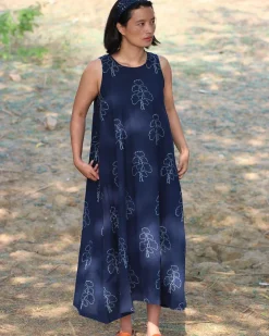 Blue Blockprinted Wildflower Cotton Dress-Moh