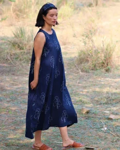 Blue Blockprinted Wildflower Cotton Dress-Moh