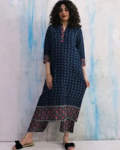 Blue Border Block Print Cotton Kurta Set Of 2- Wbs