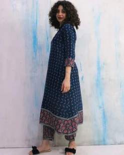 Blue Border Block Print Cotton Kurta Set Of 2- Wbs