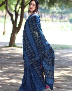Blue Check And Floral Hand Blockprinted Cotton Mul Saree
