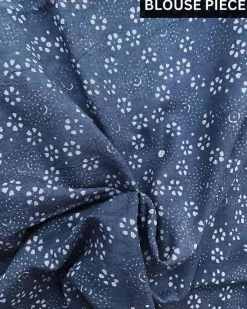 Blue Check And Floral Hand Blockprinted Cotton Mul Saree