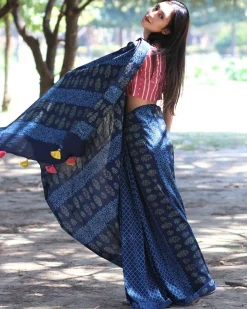 Blue Check And Floral Hand Blockprinted Cotton Mul Saree