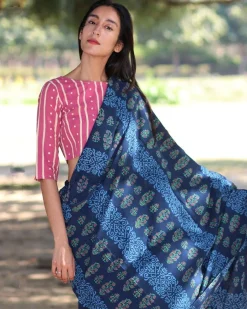Blue Check And Floral Hand Blockprinted Cotton Mul Saree