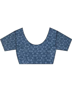 Blue Check And Floral Hand Blockprinted Cotton Mul Saree