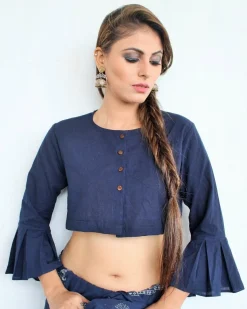 Blue Cotton Crop Top Blouse With Bell Sleeves