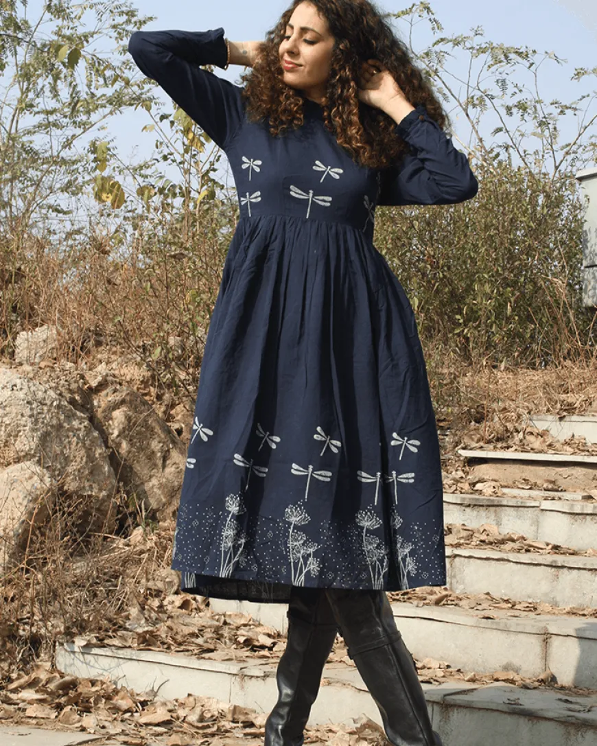 Blue Dragonfly Blockprinted Cotton Dress