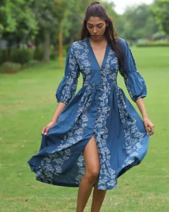 Blue Floral Block Printed Front Slit Cotton Dress-Mon