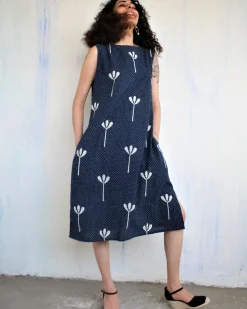 Blue Floral Blockprited Cotton Sleeveless Dress