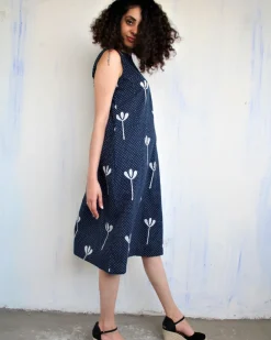 Blue Floral Blockprited Cotton Sleeveless Dress