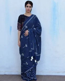 Blue Floret Hand Blockprinted Cotton Saree