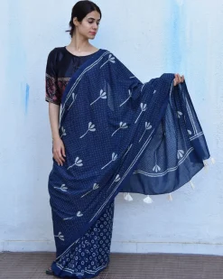 Blue Floret Hand Blockprinted Cotton Saree