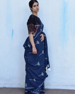 Blue Floret Hand Blockprinted Cotton Saree