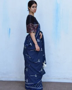 Blue Floret Hand Blockprinted Cotton Saree