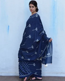 Blue Floret Hand Blockprinted Cotton Saree