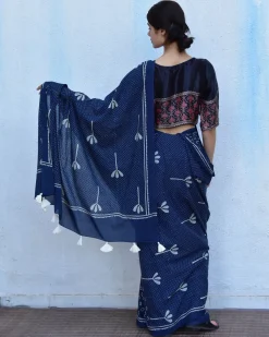 Blue Floret Hand Blockprinted Cotton Saree