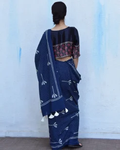 Blue Floret Hand Blockprinted Cotton Saree