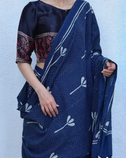 Blue Floret Hand Blockprinted Cotton Saree