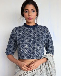 Blue Frill Neck Handprinted Cotton Crop Top Blouse- God