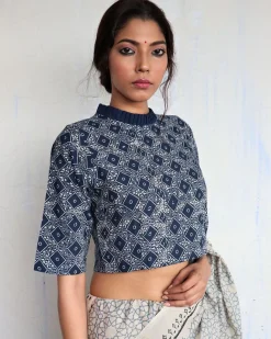 Blue Frill Neck Handprinted Cotton Crop Top Blouse- God