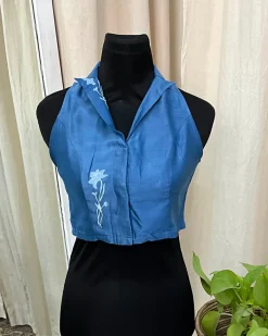 Blue Handblock Printed Chanderi Silk Blouse - Love Despite