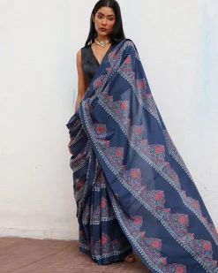 Blue Handblockprinted Cotton Saree - Fmtm