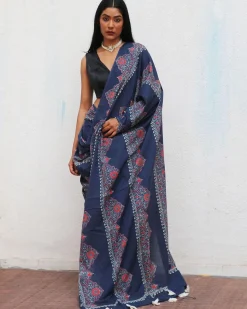 Blue Handblockprinted Cotton Saree - Fmtm