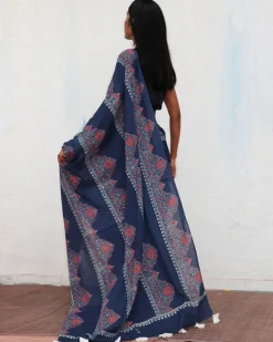 Blue Handblockprinted Cotton Saree - Fmtm