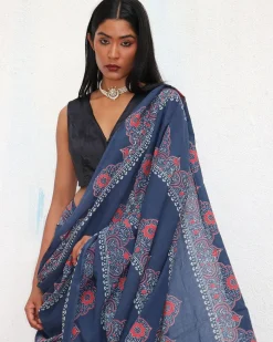 Blue Handblockprinted Cotton Saree - Fmtm