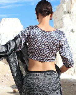 Blue Jaali Blockprinted Mashru Silk Blouse-Lagn