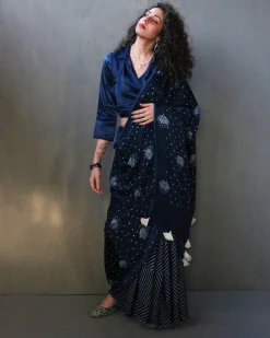 Blue Luna Block Printed Modal Silk Saree