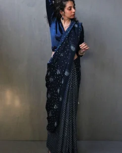 Blue Luna Block Printed Modal Silk Saree