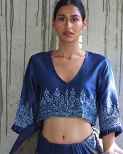 Blue Mashru Silk Blockprinted Blouse-Manjari