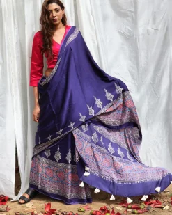 Blue Modal Silk Blockprinted Saree - Kite
