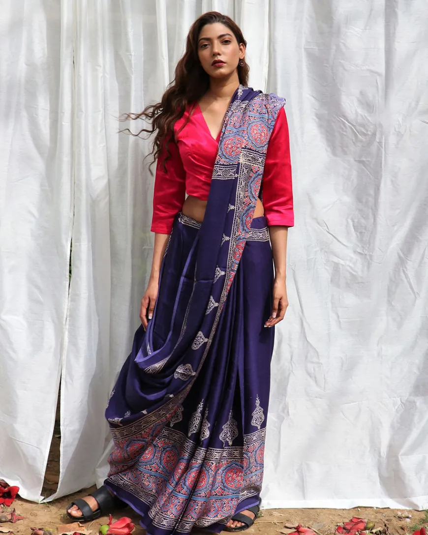 Blue Modal Silk Blockprinted Saree - Kite