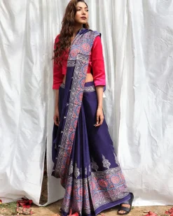 Blue Modal Silk Blockprinted Saree - Kite