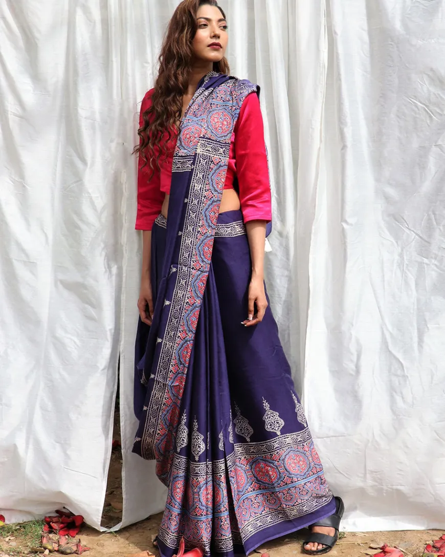 Blue Modal Silk Blockprinted Saree - Kite